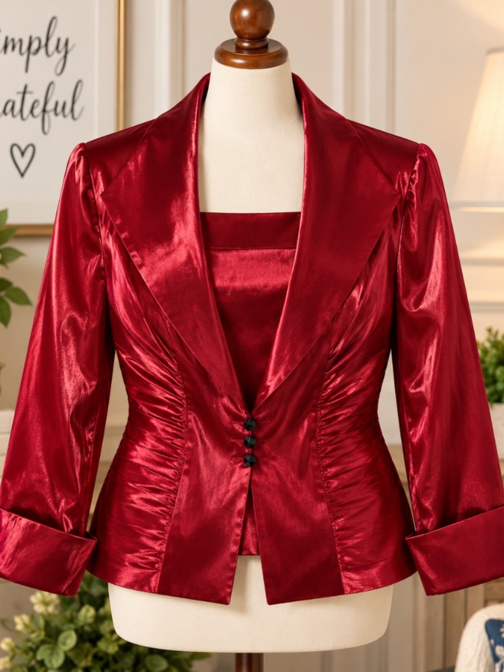 Xscape Size 10 Red Satin Jacket & Matching Top 2 Piece Evening Set